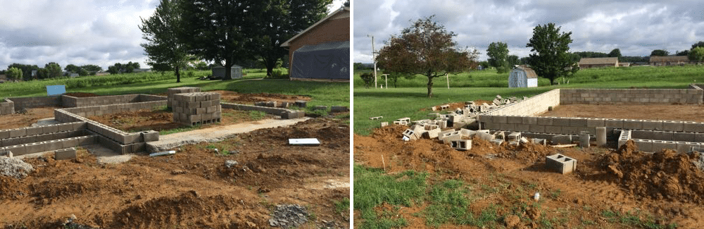 Pictured: The same home, with a slab foundation, after the footers have been poured and block laid. At this stage, it is ready for the plumbing to be ran, full rock added and then the concrete poured.